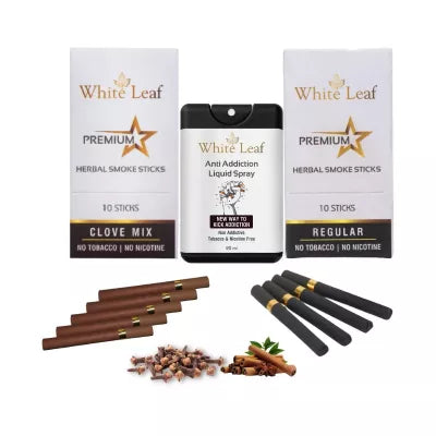 White Leaf Premium Herbal Cigarette Clove And Regular Flavour + Anti Addiction Liquid Pray (2 Boxes Each 10 Stichs + 20ml) (1Pack)