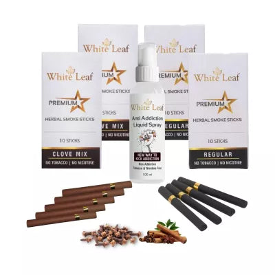 White Leaf Premium Herbal Cigarette Clove And Regular Flavour + Anti Addiction Liquid Pray (4 Boxes Each 10 Stichs + 100ml) (1Pack)