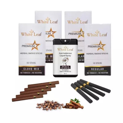 White Leaf Premium Herbal Cigarette Clove And Regular Flavour + Anti Addiction Liquid Pray (4 Boxes Each 10 Stichs + 20ml) (1Pack)