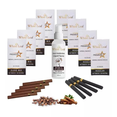 White Leaf Premium Herbal Cigarette Clove And Regular Flavour + Anti Addiction Liquid Pray (8 Boxes Each 10 Stichs + 100ml) (1Pack)