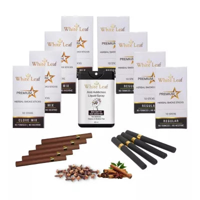 White Leaf Premium Herbal Cigarette Clove And Regular Flavour + Anti Addiction Liquid Pray (8 Boxes Each 10 Stichs + 20ml) (1Pack)