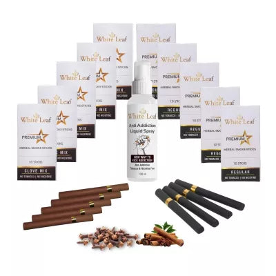 White Leaf Premium Herbal Cigarette Clove And Regular Flavour + Anti Addiction Liquid Pray (10 Boxes Each 10 Stichs + 100ml) (1Pack)