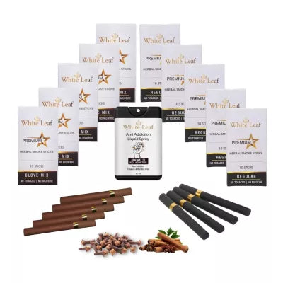 White Leaf Premium Herbal Cigarette Clove And Regular Flavour + Anti Addiction Liquid Pray (10 Boxes Each 10 Stichs + 20ml) (1Pack)