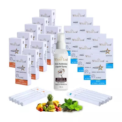 White Leaf Premium Herbal Cigarettes Frutta And Mint Flavour + Anti Addiction Liquid Spray (20 Boxes Each 10 Stichs + 100ml) (1Pack)