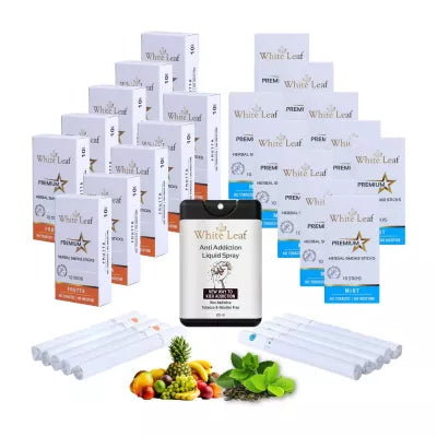 White Leaf Premium Herbal Cigarettes Frutta And Mint Flavour + Anti Addiction Liquid Spray (20 Boxes Each 10 Stichs + 20ml) (1Pack)