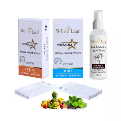 White Leaf Premium Herbal Cigarettes Frutta And Mint Flavour + Anti Addiction Liquid Spray (2 Boxes Each 10 Stichs + 100ml) (1Pack)