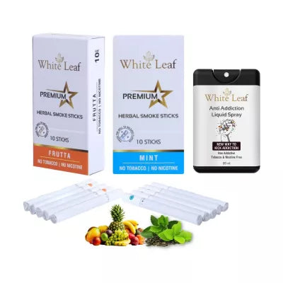 White Leaf Premium Herbal Cigarettes Frutta And Mint Flavour + Anti Addiction Liquid Spray (2 Boxes Each 10 Stichs + 20ml) (1Pack)