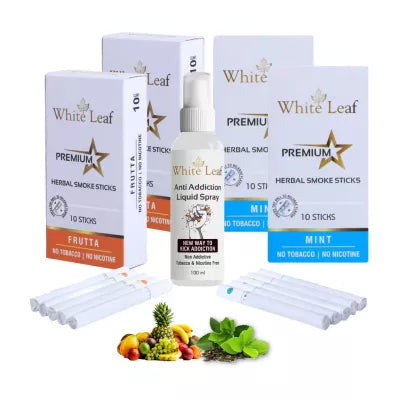 White Leaf Premium Herbal Cigarettes Frutta And Mint Flavour + Anti Addiction Liquid Spray (4 Boxes Each 10 Stichs + 100ml) (1Pack)