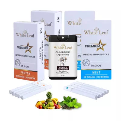 White Leaf Premium Herbal Cigarettes Frutta And Mint Flavour + Anti Addiction Liquid Spray (4 Boxes Each 10 Stichs + 20ml) (1Pack)