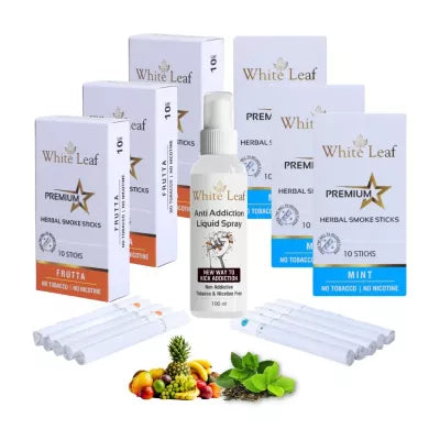 White Leaf Premium Herbal Cigarettes Frutta And Mint Flavour + Anti Addiction Liquid Spray (6 Boxes Each 10 Stichs + 100ml) (1Pack)