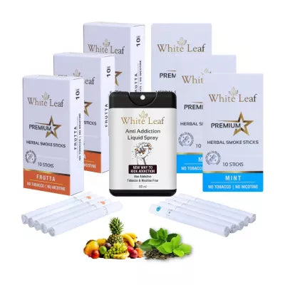White Leaf Premium Herbal Cigarettes Frutta And Mint Flavour + Anti Addiction Liquid Spray (6 Boxes Each 10 Stichs + 20ml) (1Pack)