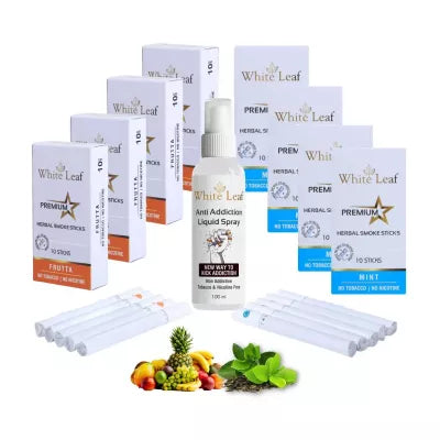 White Leaf Premium Herbal Cigarettes Frutta And Mint Flavour + Anti Addiction Liquid Spray (8 Boxes Each 10 Stichs + 100ml) (1Pack)