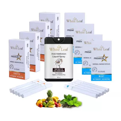 White Leaf Premium Herbal Cigarettes Frutta And Mint Flavour + Anti Addiction Liquid Spray (8 Boxes Each 10 Stichs + 20ml) (1Pack)