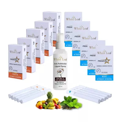 White Leaf Premium Herbal Cigarettes Frutta And Mint Flavour + Anti Addiction Liquid Spray (10 Boxes Each 10 Stichs + 100ml) (1Pack)