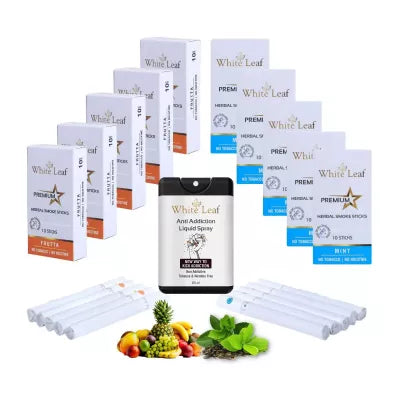 White Leaf Premium Herbal Cigarettes Frutta And Mint Flavour + Anti Addiction Liquid Spray (10 Boxes Each 10 Stichs + 20ml) (1Pack)