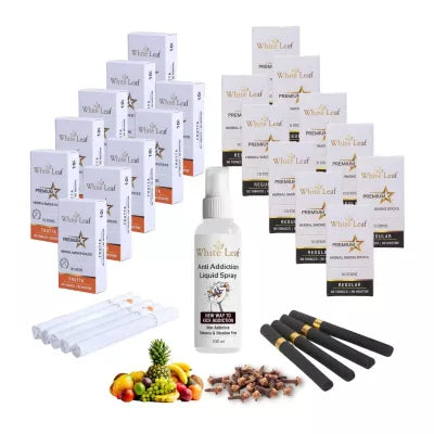 White Leaf Premium Herbal Cigarettes Frutta And Regular Flavour + Anti Addiction Liquid Spray (20 Boxes Each 10 Stichs + 100ml) (1Pack)