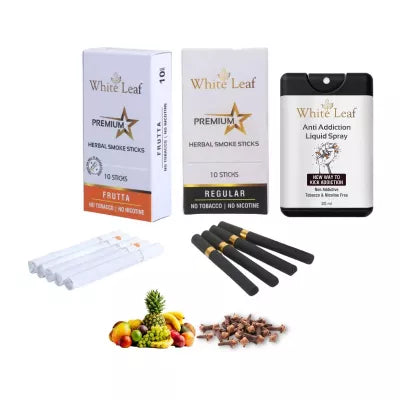 White Leaf Premium Herbal Cigarettes Frutta And Regular Flavour + Anti Addiction Liquid Spray (2 Boxes Each 10 Stichs + 20ml) (1Pack)