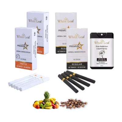 White Leaf Premium Herbal Cigarettes Frutta And Regular Flavour + Anti Addiction Liquid Spray (4 Boxes Each 10 Stichs + 20ml) (1Pack)