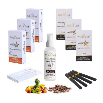 White Leaf Premium Herbal Cigarettes Frutta And Regular Flavour + Anti Addiction Liquid Spray (6 Boxes Each 10 Stichs + 100ml) (1Pack)