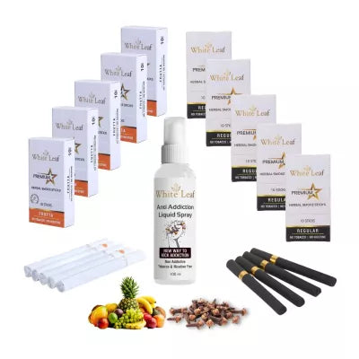 White Leaf Premium Herbal Cigarettes Frutta And Regular Flavour + Anti Addiction Liquid Spray (10 Boxes Each 10 Stichs + 100ml) (1Pack)