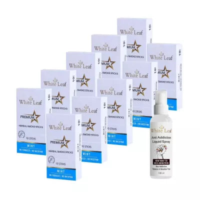 White Leaf Premium Herbal Cigarettes Mint Flavour + Anti Addiction Liquid Spray (10 Boxes Each 10 Stichs + 100ml) (1Pack)