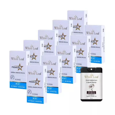 White Leaf Premium Herbal Cigarettes Mint Flavour + Anti Addiction Liquid Spray (10 Boxes Each 10 Stichs + 20ml) (1Pack)