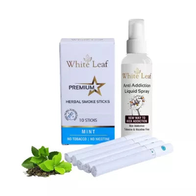 White Leaf Premium Herbal Cigarettes Mint Flavour + Anti Addiction Liquid Spray (10 Stichs + 100ml) (1Pack)