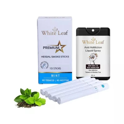 White Leaf Premium Herbal Cigarettes Mint Flavour + Anti Addiction Liquid Spray (10 Stichs + 20ml) (1Pack)