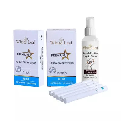 White Leaf Premium Herbal Cigarettes Mint Flavour + Anti Addiction Liquid Spray (2 Boxes Each 10 Stichs + 100ml) (1Pack)