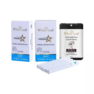 White Leaf Premium Herbal Cigarettes Mint Flavour + Anti Addiction Liquid Spray (2 Boxes Each 10 Stichs + 20ml) (1Pack)