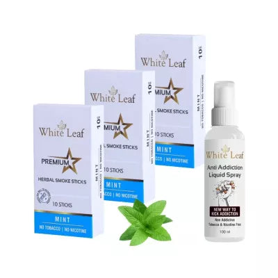 White Leaf Premium Herbal Cigarettes Mint Flavour + Anti Addiction Liquid Spray (3 Boxes Each 10 Stichs + 100ml) (1Pack)