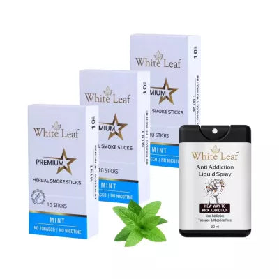 White Leaf Premium Herbal Cigarettes Mint Flavour + Anti Addiction Liquid Spray (3 Boxes Each 10 Stichs + 20ml) (1Pack)