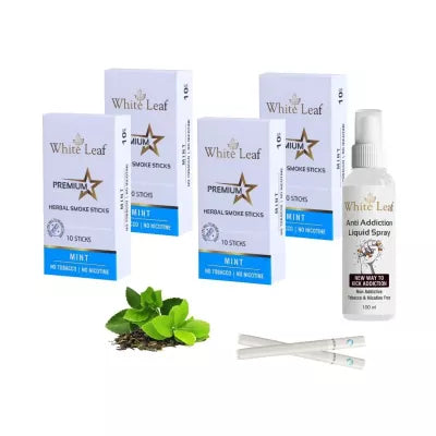 White Leaf Premium Herbal Cigarettes Mint Flavour + Anti Addiction Liquid Spray (4 Boxes Each 10 Stichs + 100ml) (1Pack)