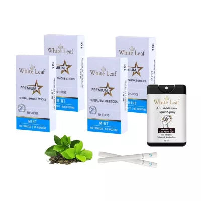 White Leaf Premium Herbal Cigarettes Mint Flavour + Anti Addiction Liquid Spray (4 Boxes Each 10 Stichs + 20ml) (1Pack)