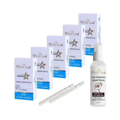 White Leaf Premium Herbal Cigarettes Mint Flavour + Anti Addiction Liquid Spray (5 Boxes Each 10 Stichs + 100ml) (1Pack)