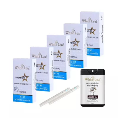 White Leaf Premium Herbal Cigarettes Mint Flavour + Anti Addiction Liquid Spray (5 Boxes Each 10 Stichs + 20ml) (1Pack)