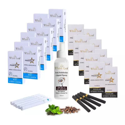 White Leaf Premium Herbal Cigarettes Mint And Regular Flavour + Anti Addiction Liquid Spray (20 Boxes Each 10 Stichs + 100ml) (1Pack)