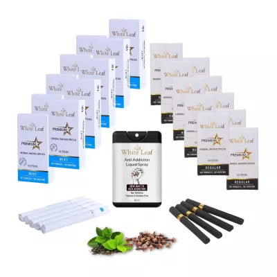 White Leaf Premium Herbal Cigarettes Mint And Regular Flavour + Anti Addiction Liquid Spray (20 Boxes Each 10 Stichs + 20ml) (1Pack)