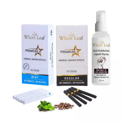 White Leaf Premium Herbal Cigarettes Mint And Regular Flavour + Anti Addiction Liquid Spray (2 Boxes Each 10 Stichs + 100ml) (1Pack)