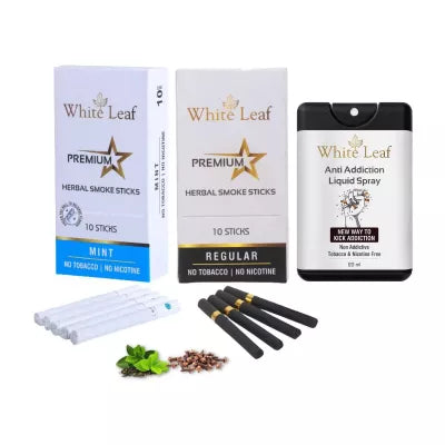 White Leaf Premium Herbal Cigarettes Mint And Regular Flavour + Anti Addiction Liquid Spray (2 Boxes Each 10 Stichs + 20ml) (1Pack)