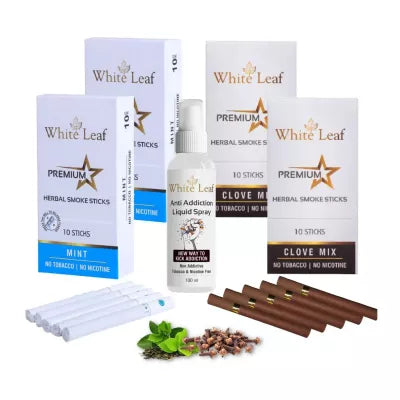 White Leaf Premium Herbal Cigarettes Mint And Regular Flavour + Anti Addiction Liquid Spray (4 Boxes Each 10 Stichs + 100ml) (1Pack)