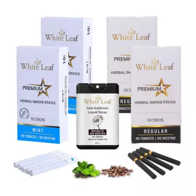 White Leaf Premium Herbal Cigarettes Mint And Regular Flavour + Anti Addiction Liquid Spray (4 Boxes Each 10 Stichs + 20ml) (1Pack)