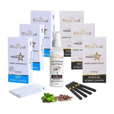 White Leaf Premium Herbal Cigarettes Mint And Regular Flavour + Anti Addiction Liquid Spray (6 Boxes Each 10 Stichs + 100ml) (1Pack)