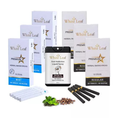 White Leaf Premium Herbal Cigarettes Mint And Regular Flavour + Anti Addiction Liquid Spray (6 Boxes Each 10 Stichs + 20ml) (1Pack)