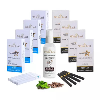 White Leaf Premium Herbal Cigarettes Mint And Regular Flavour + Anti Addiction Liquid Spray (8 Boxes Each 10 Stichs + 100ml) (1Pack)