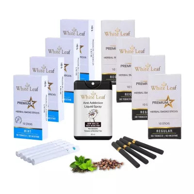 White Leaf Premium Herbal Cigarettes Mint And Regular Flavour + Anti Addiction Liquid Spray (8 Boxes Each 10 Stichs + 20ml) (1Pack)