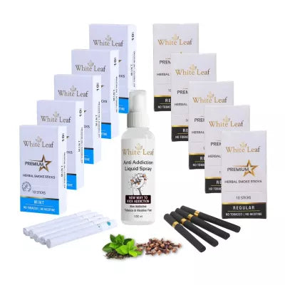 White Leaf Premium Herbal Cigarettes Mint And Regular Flavour + Anti Addiction Liquid Spray (10 Boxes Each 10 Stichs + 100ml) (1Pack)