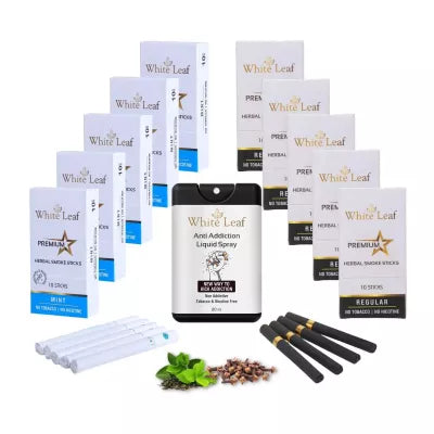 White Leaf Premium Herbal Cigarettes Mint And Regular Flavour + Anti Addiction Liquid Spray (10 Boxes Each 10 Stichs + 20ml) (1Pack)