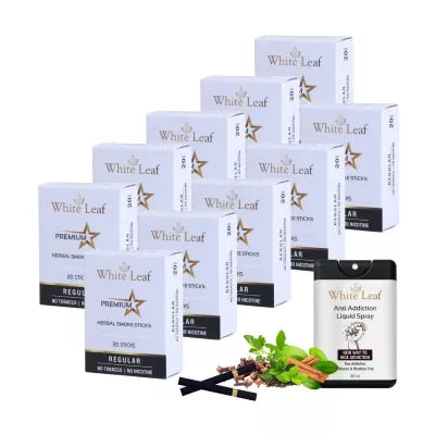 White Leaf Premium Herbal Cigarettes Regular Flavour + Anti Addiction Liquid Spray (10 Boxes Each 20 Stichs + 20ml) (1Pack)