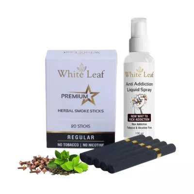 White Leaf Premium Herbal Cigarettes Regular Flavour + Anti Addiction Liquid Spray (20 Stichs + 100ml) (1Pack)